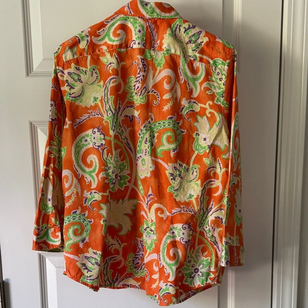 Lauren Ralph Lauren Orange Paisley Silk Button-Front Blouse - Picture 2 of 6